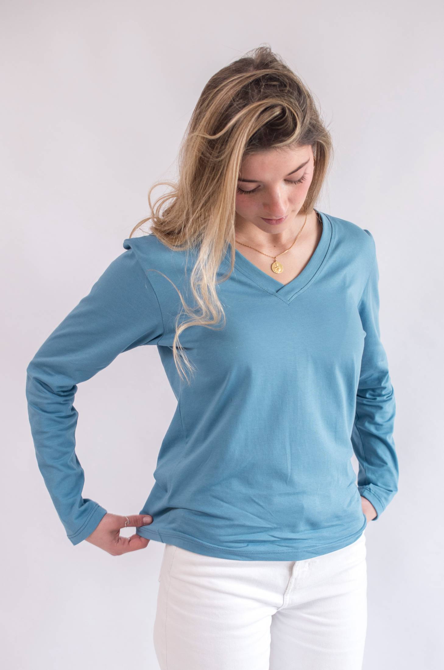 Polera V Neck Top Manga Larga Pima